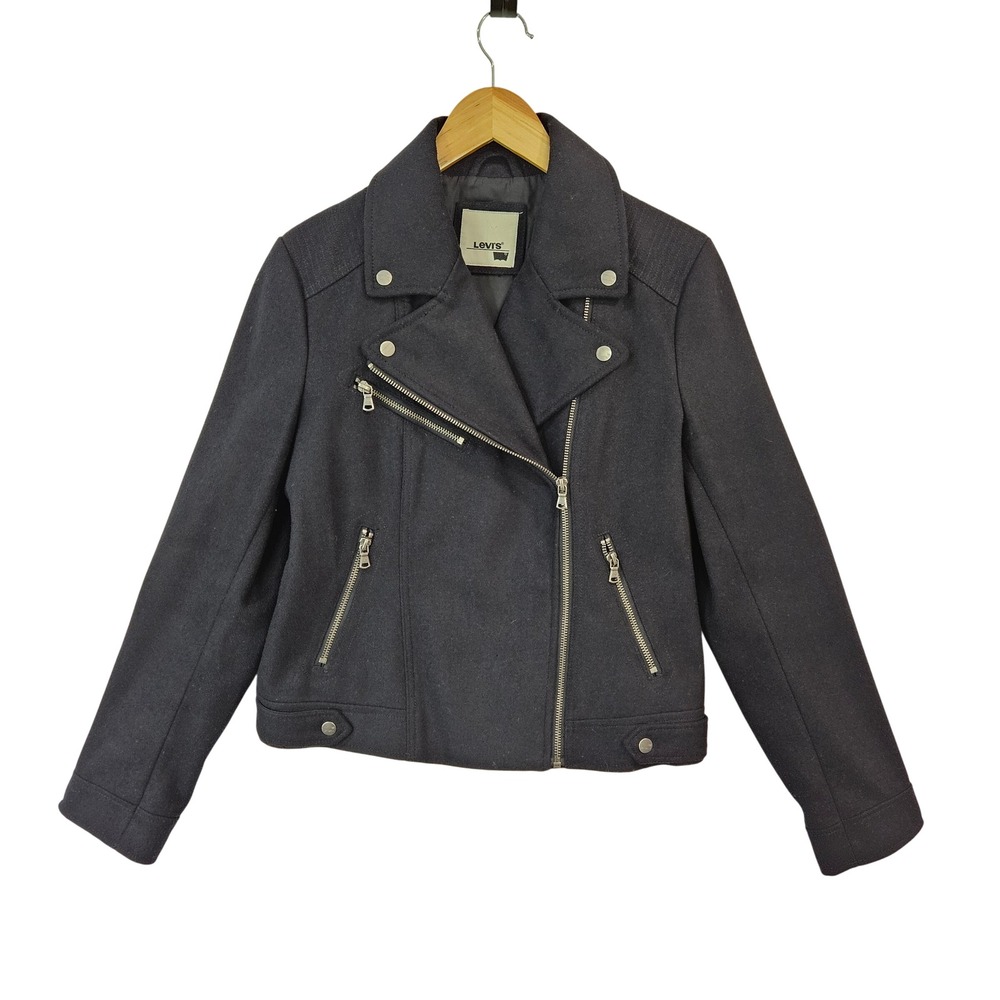 LEVIS Womens Wool Blend Navy‎ Moto Punk Jacket Small Asymmetrical Zip Edgy